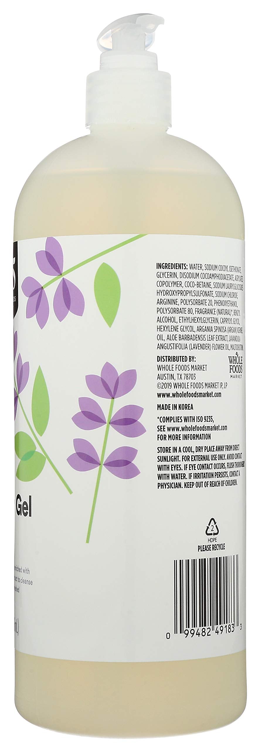 365 by Whole Foods Market lavender shower gel label—organic and clean beauty standards.