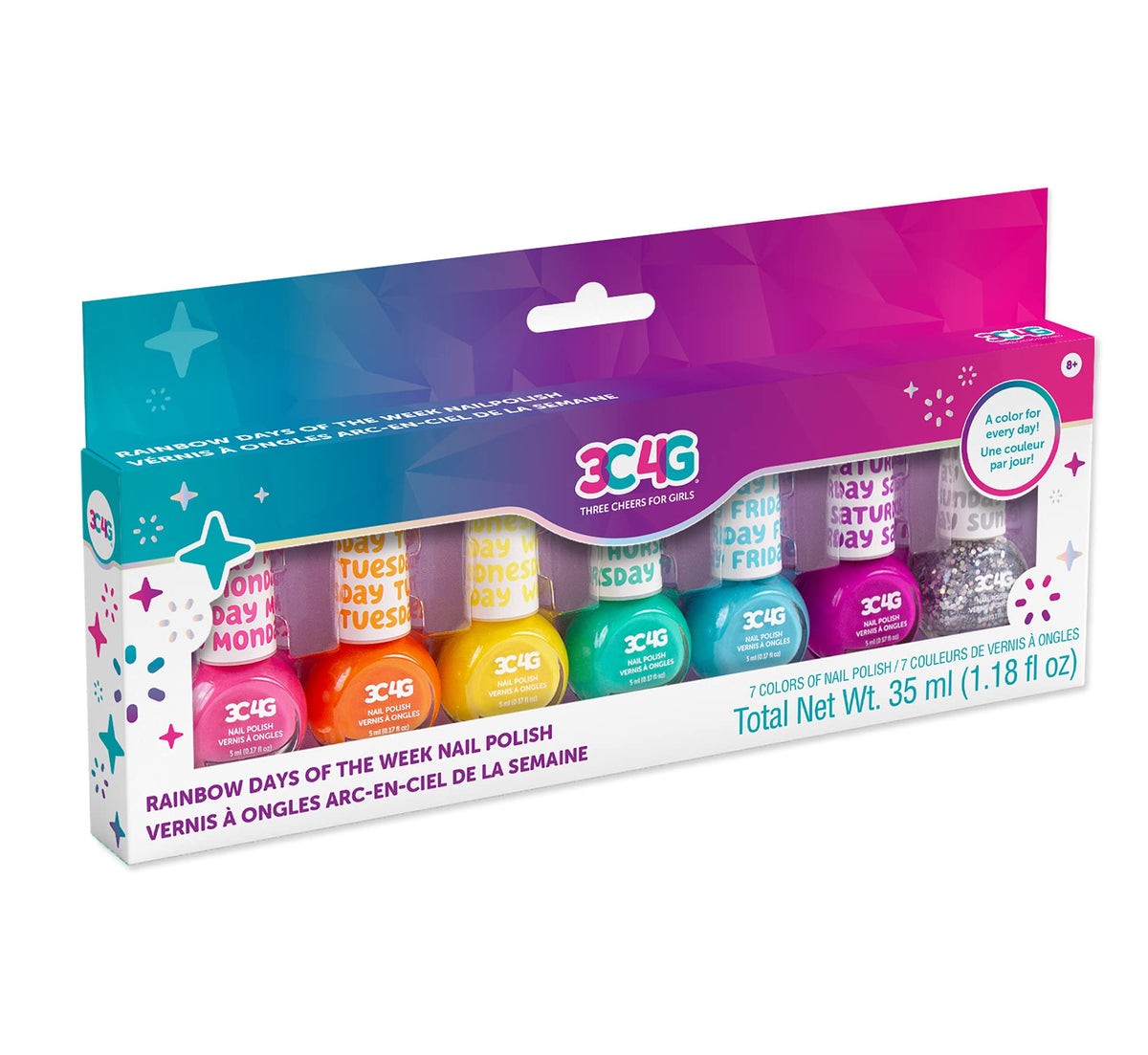 3C4G Esmalte en set de 7 colores brillantes para uñas infantiles.