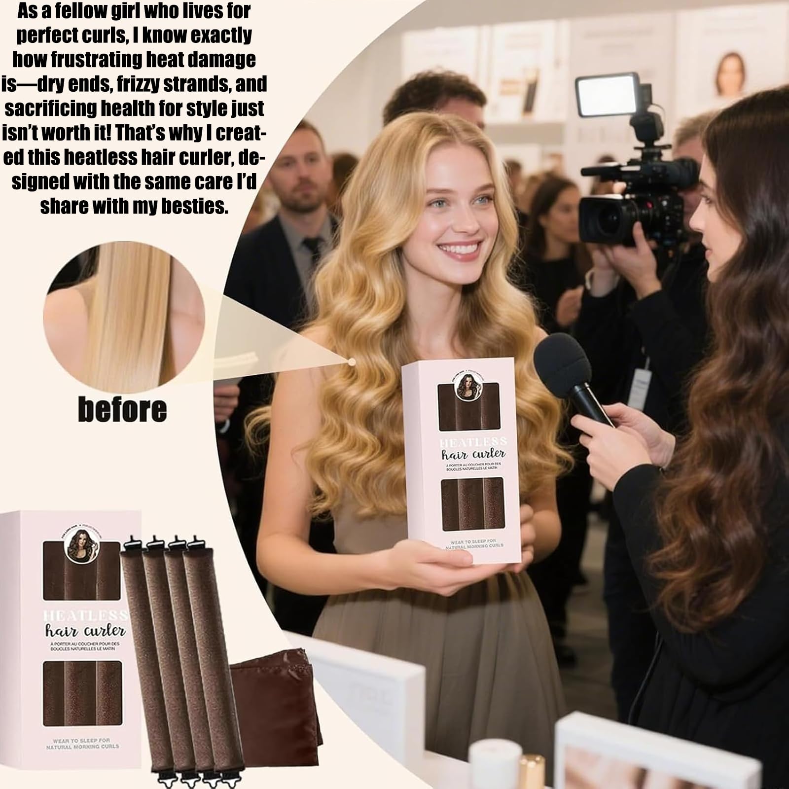 All hair types work with 5Pcs heatless curlers for voluminous curls
