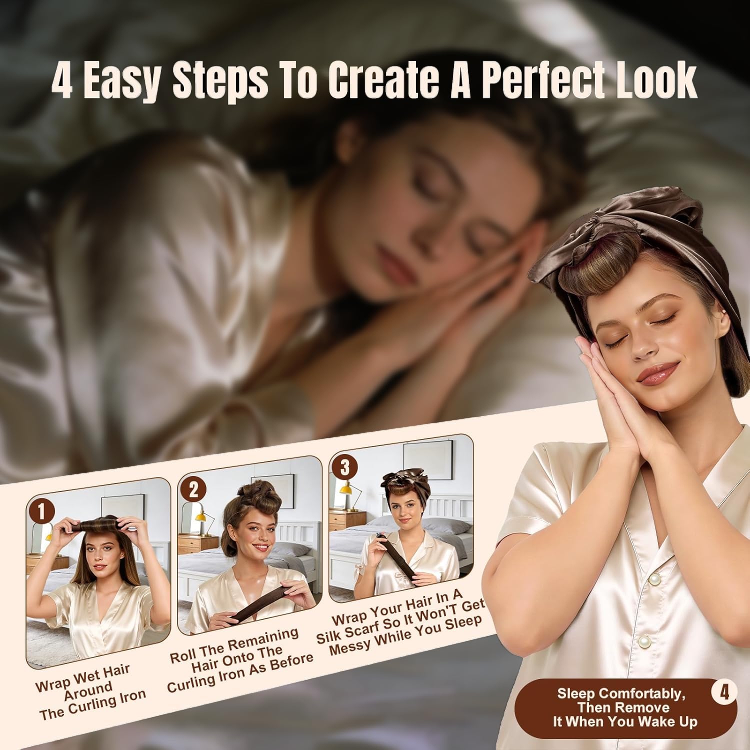 Satin scarf included with 5Pcs curlers securing overnight curls
