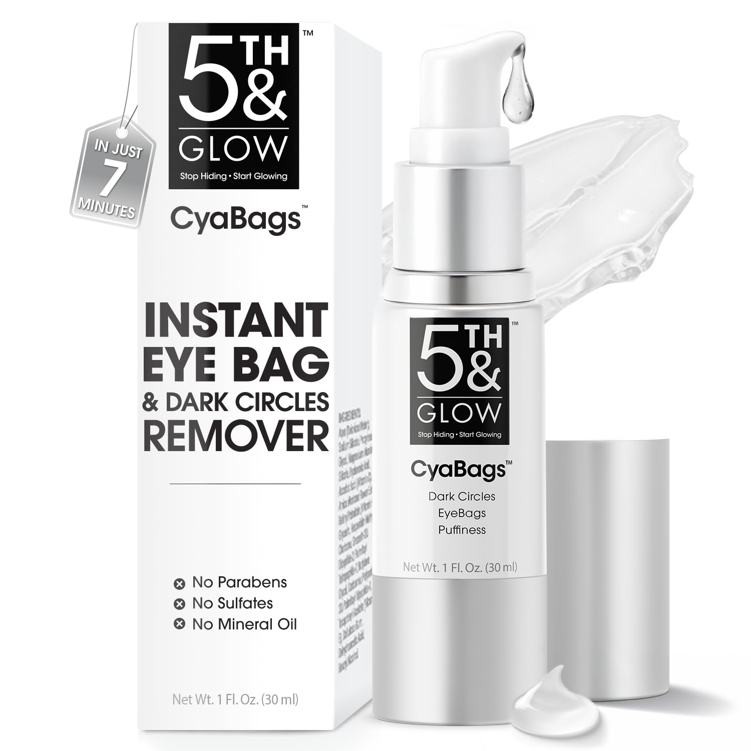 5th & Glow Cyabags eye serum bottle close-up highlighting premium packaging and easy grip.