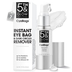 5th & Glow Cyabags eye serum bottle close-up highlighting premium packaging and easy grip.