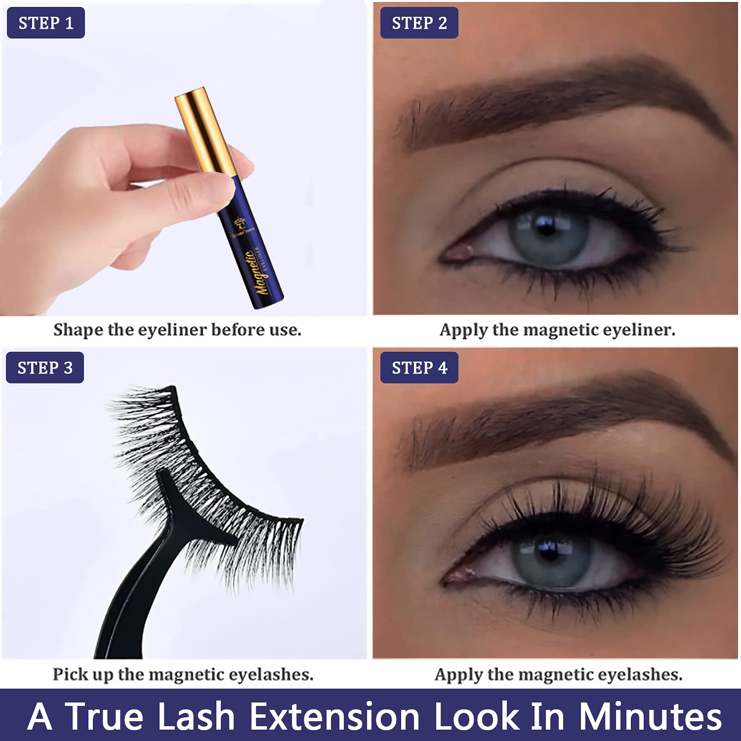 7C SEVENCROWN easy application steps demonstrating quick lash attachment