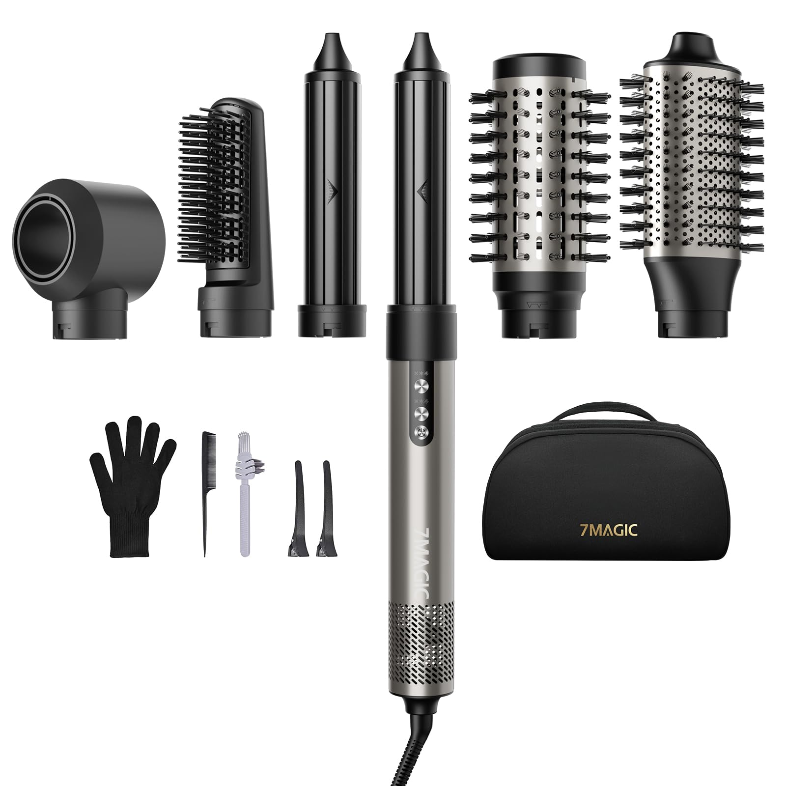 7MAGIC 6-in-1 hair styler with multiple attachments for fast, versatile styling at home.