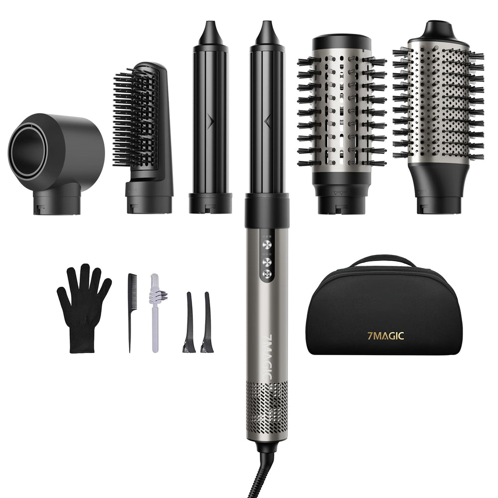 7MAGIC 6-in-1 hair styler with multiple attachments for fast, versatile styling at home.