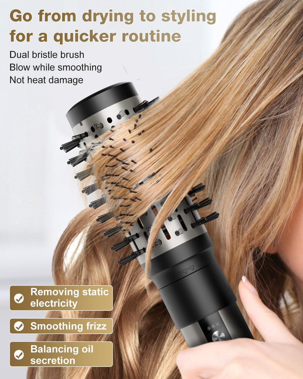 7MAGIC nylon-pin brush head glides through hair, leaving knots minimized.