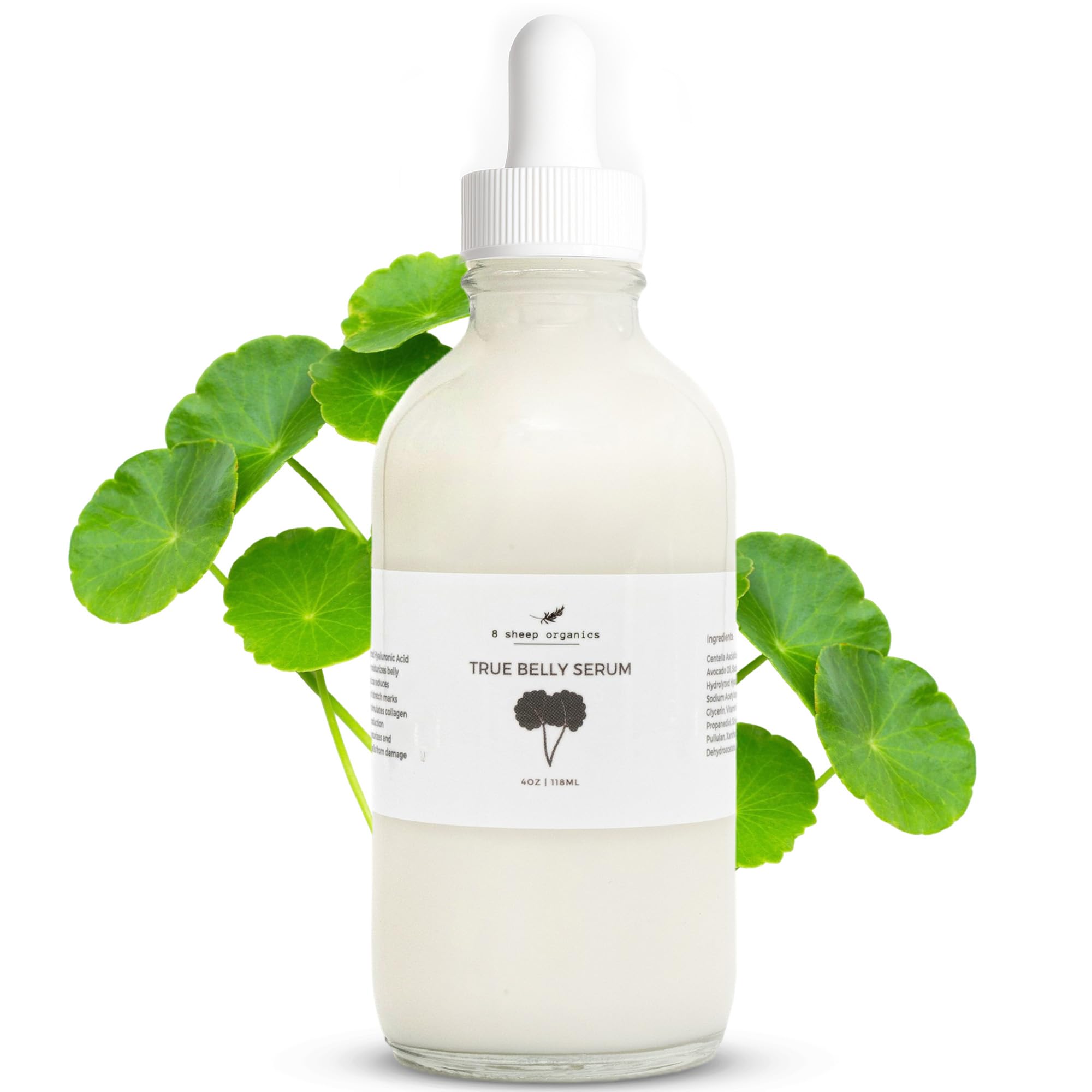 8 Sheep True Belly Serum bottle applied to a growing belly, highlighting elasticity support.