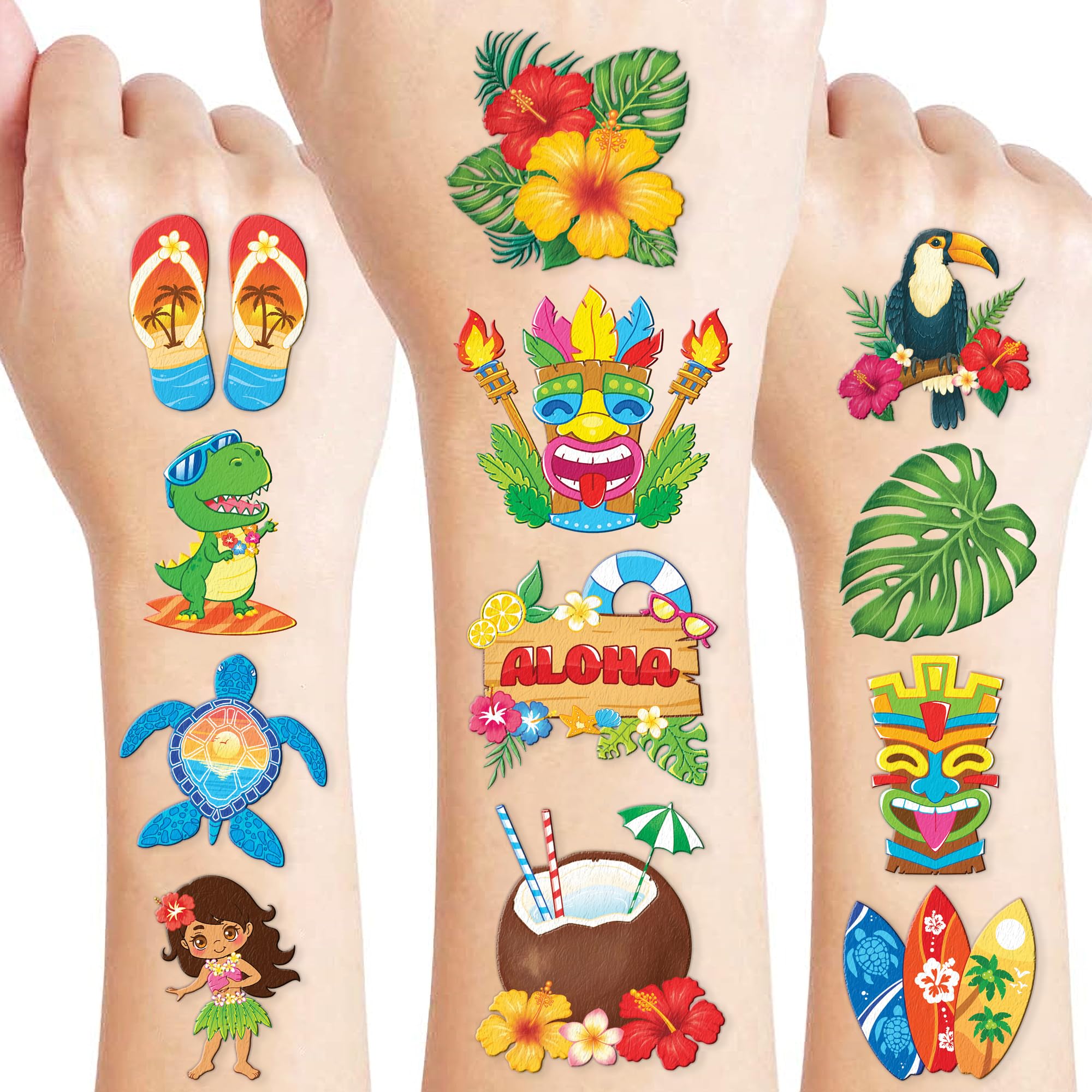 91TATTOOS Hawaiian Luau tattoo sheets with tropical designs for kids’ party fun.