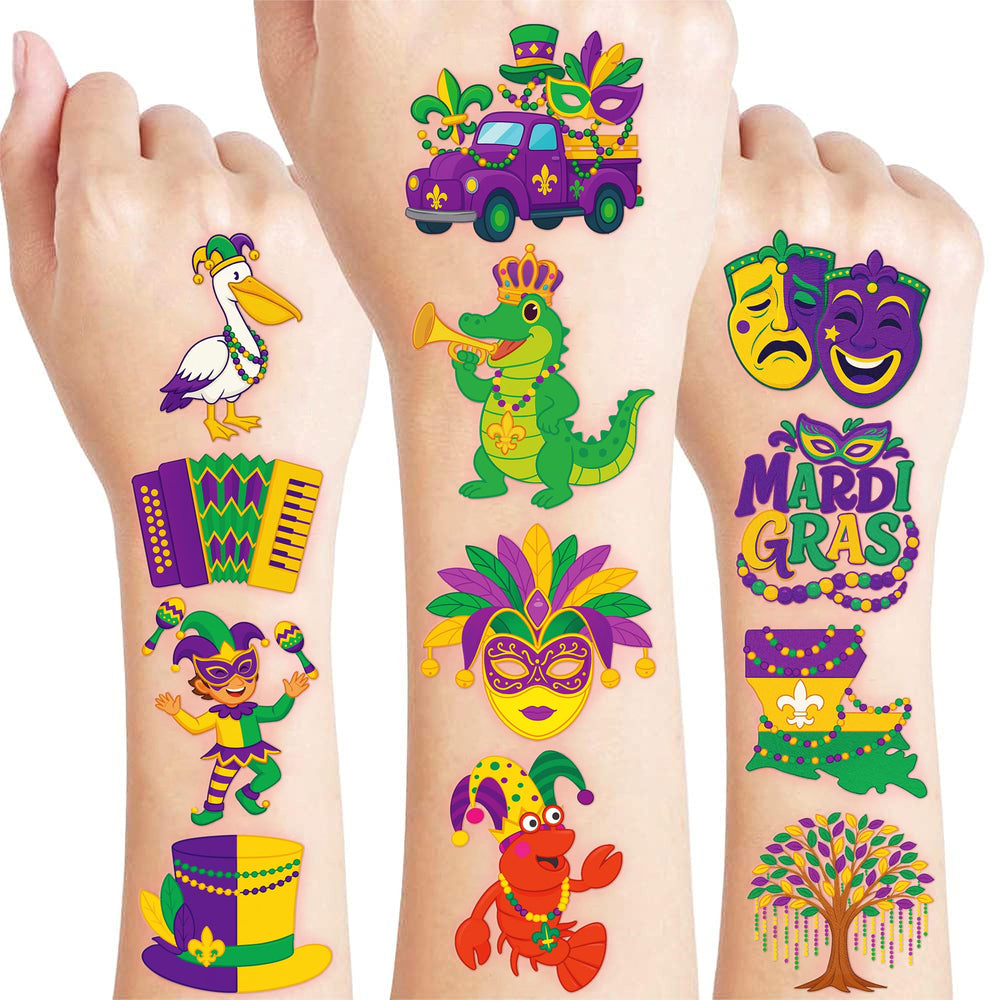 91TATTOOS Mardi Gras tattoo sheets provide vibrant designs for kids' parties.