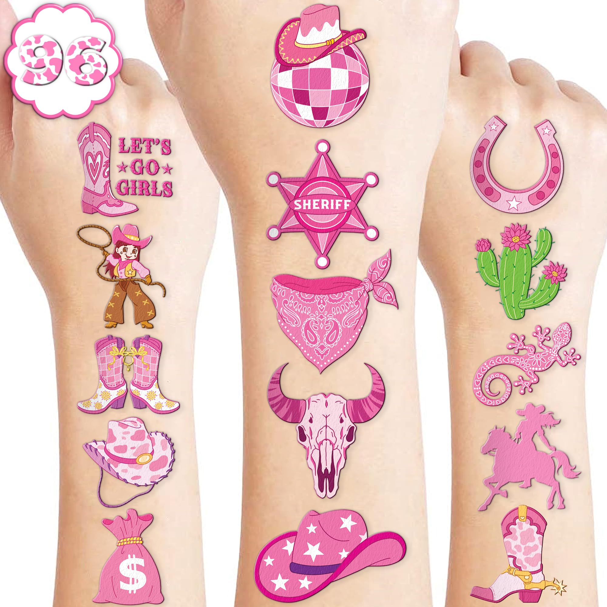 91TATTOOS pink disco cowgirl tattoo sheet for kids' party fun and face art.