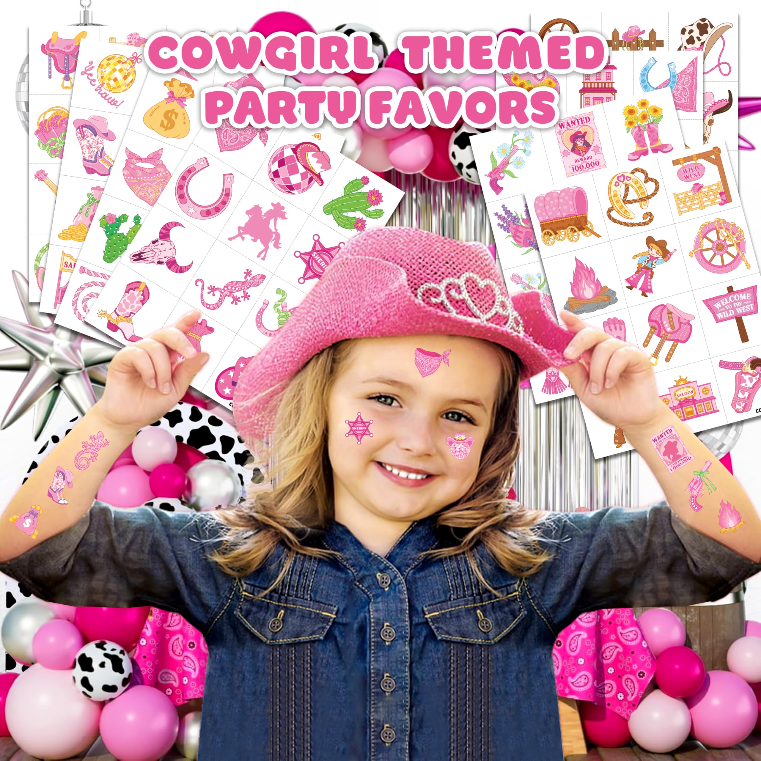 91TATTOOS pink disco cowgirl tattoo sheet offers safe, playful body art for celebrations.