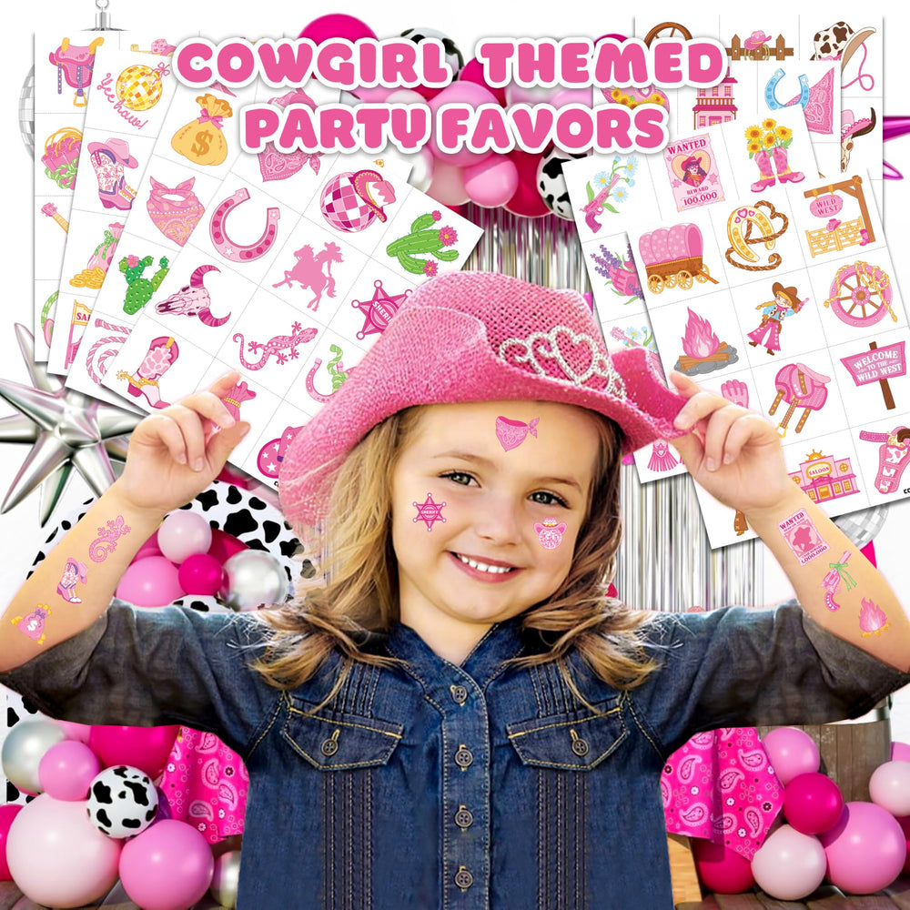 91TATTOOS pink disco cowgirl tattoo sheet offers safe, playful body art for celebrations.
