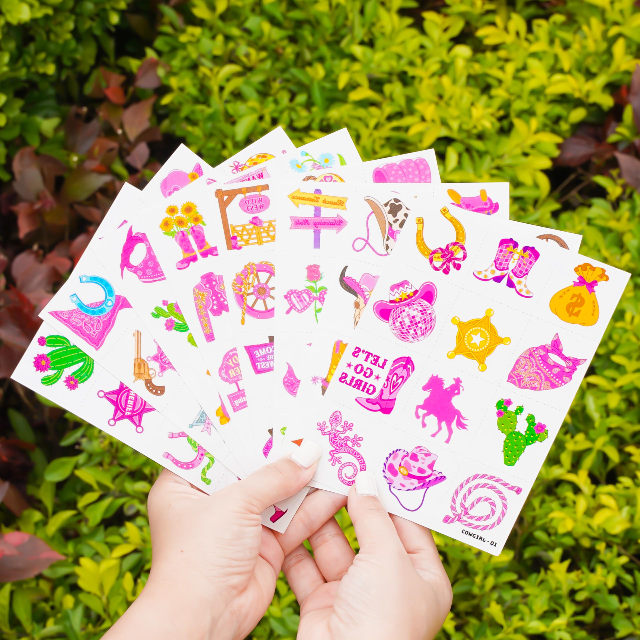 91TATTOOS pink disco western cowgirl designs for easy application on skin or smooth surfaces.