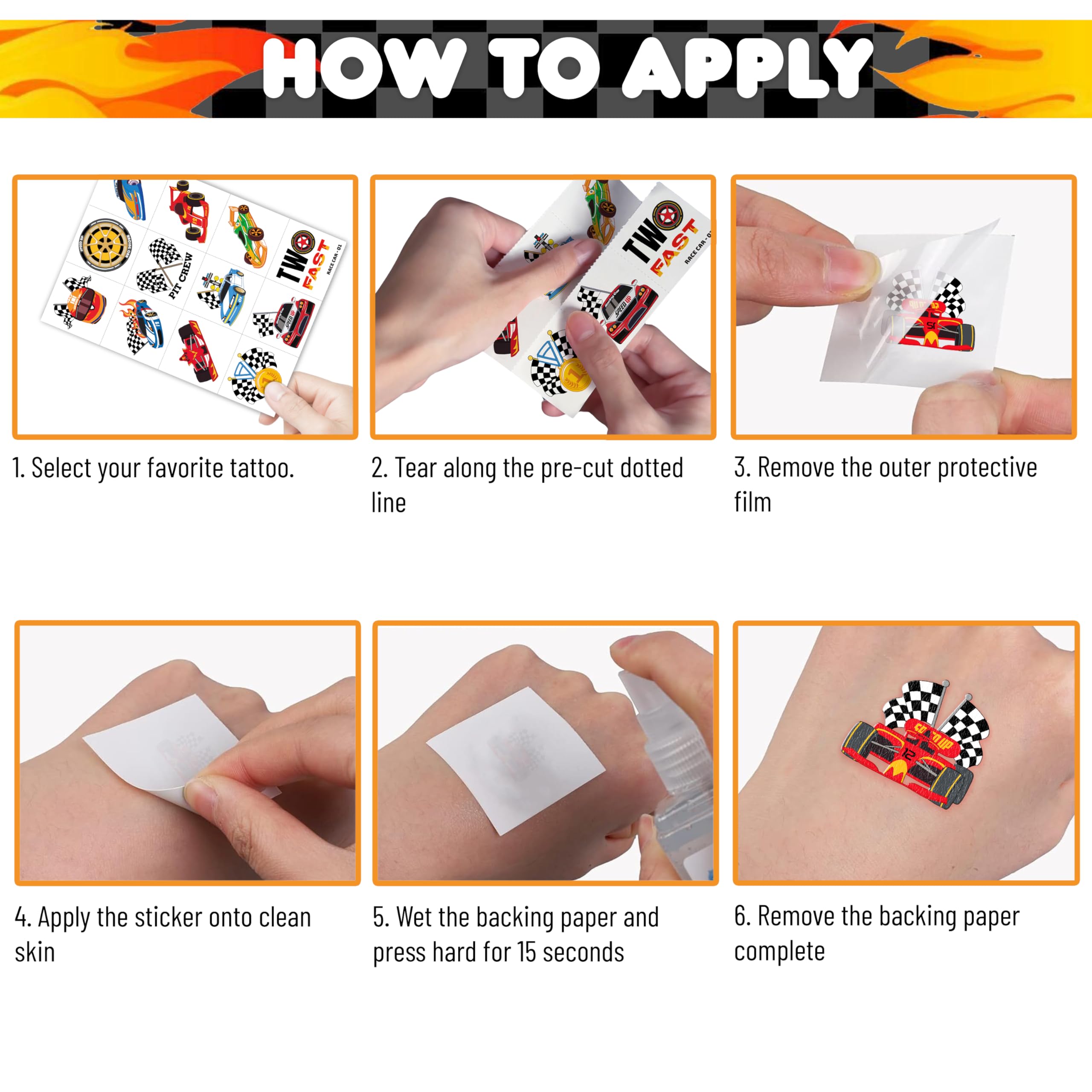 91TATTOOS racing car tattoo sheet 5 provides skin-friendly decals for kids.