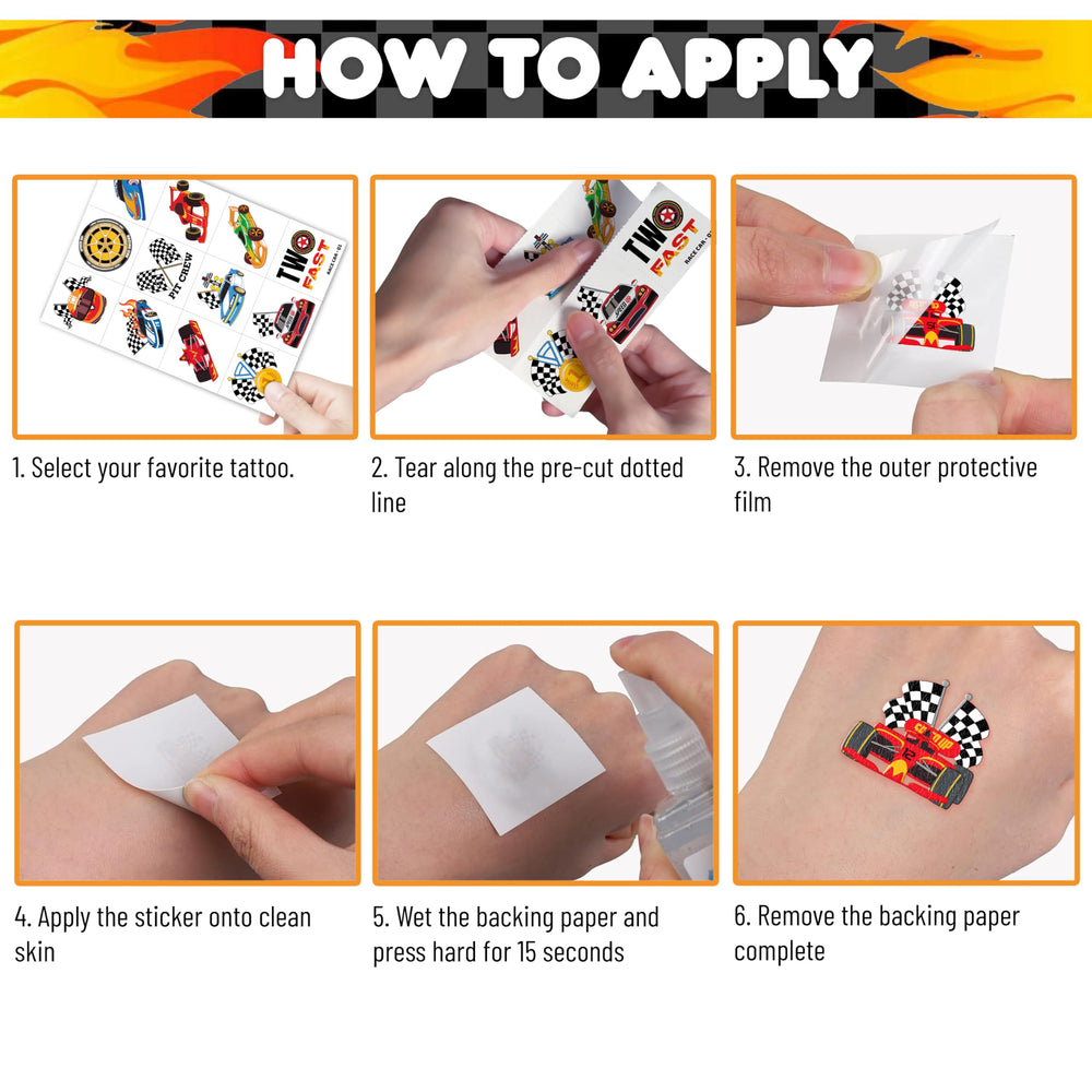 91TATTOOS racing car tattoo sheet 5 provides skin-friendly decals for kids.