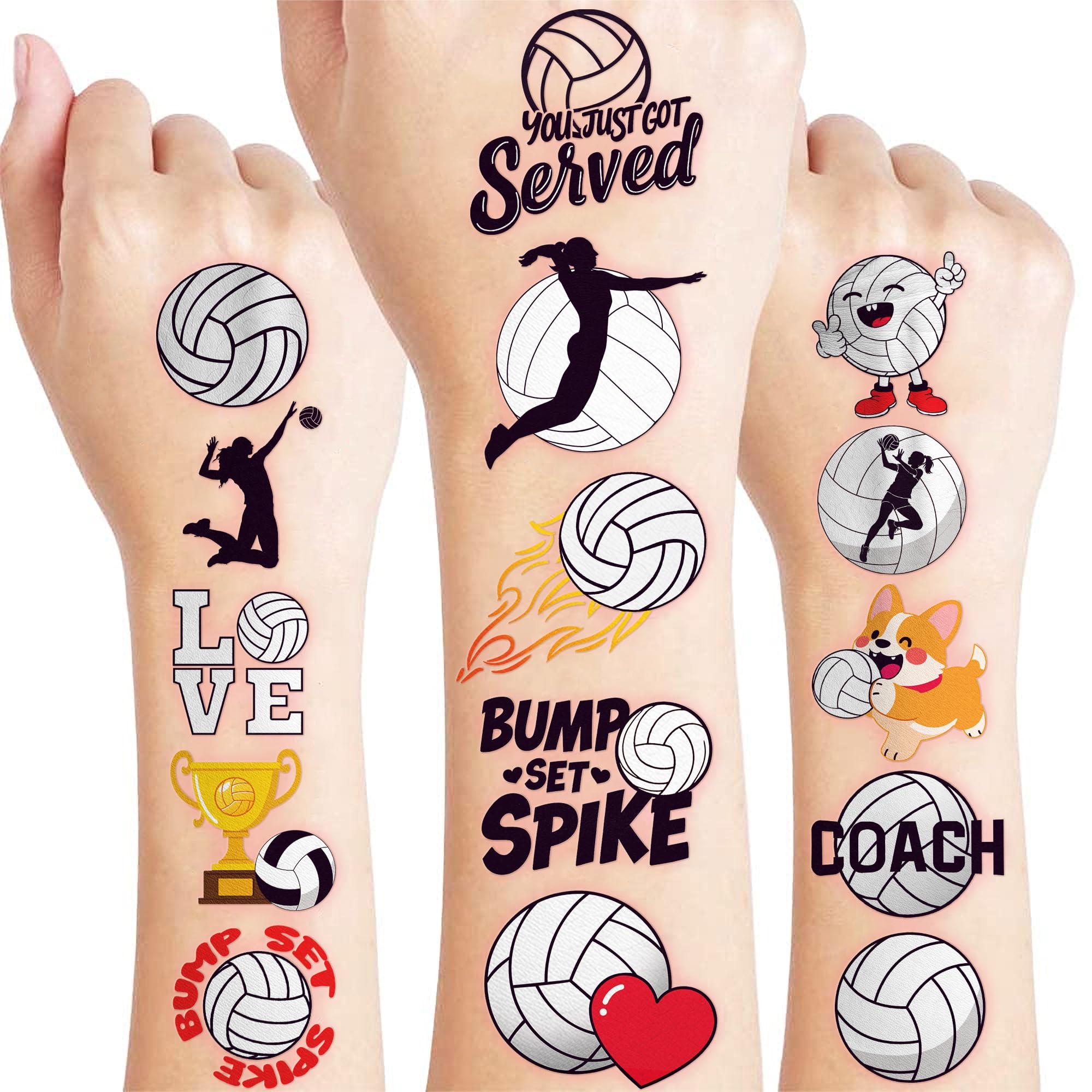 91TATTOOS volleyball sheet closeup shows vivid pre-cut designs for kids' party favors.