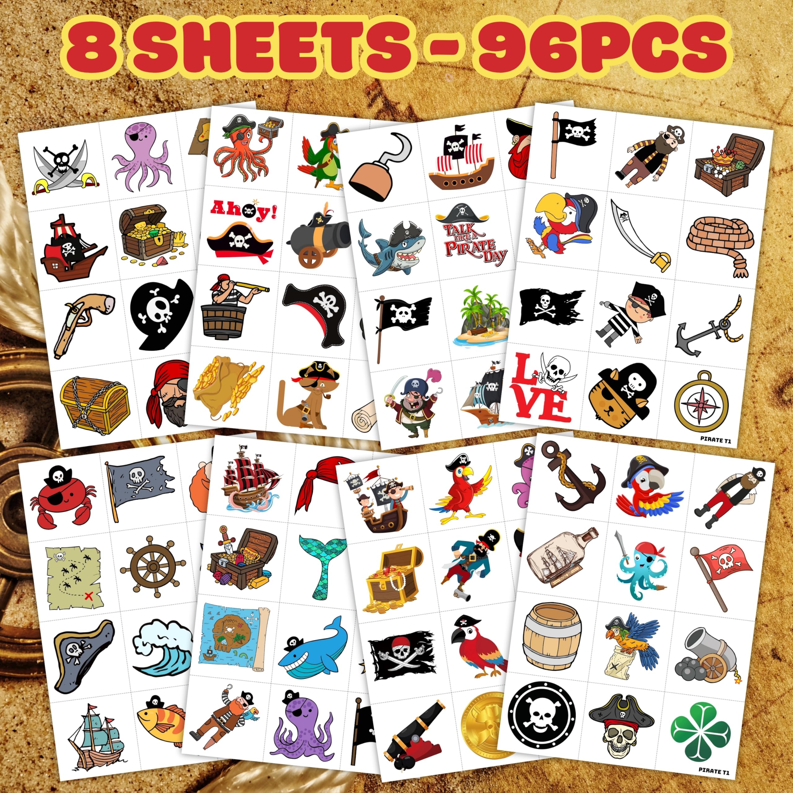 96PCS Pirate Tattoos mermaid design for ocean-themed events and dress-up fun