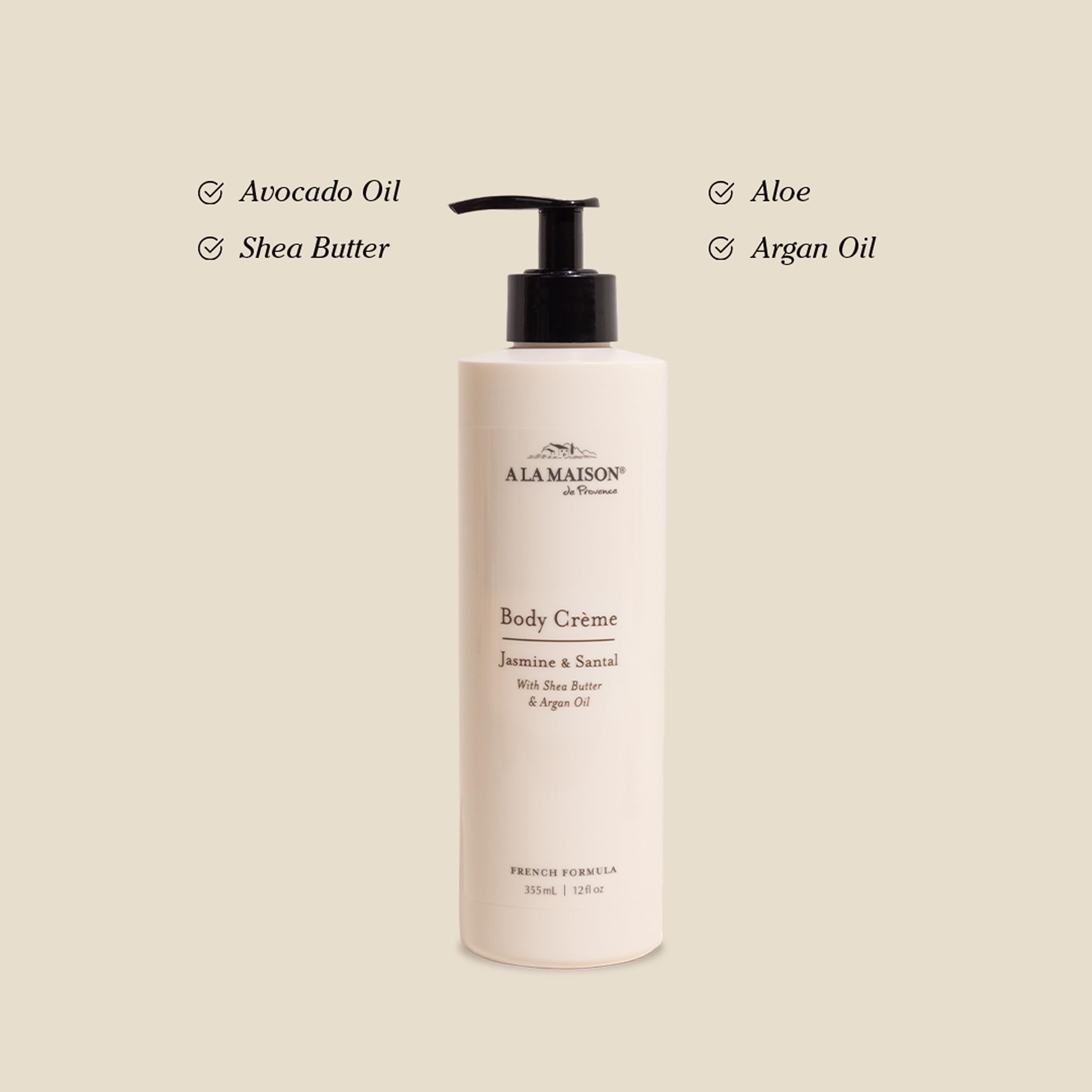 A LA MAISON Body Crème Jasmine and Santal label closeup, highlighting luxurious fragrance.