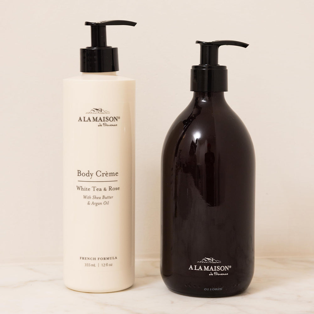 A LA MAISON Body Crème vegan and biodegradable formula inside recyclable bottle.