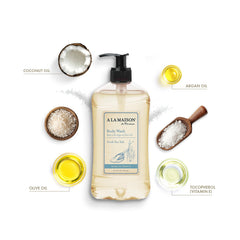 A LA MAISON gel ducha sal marina, espuma cremosa para despertar la piel.