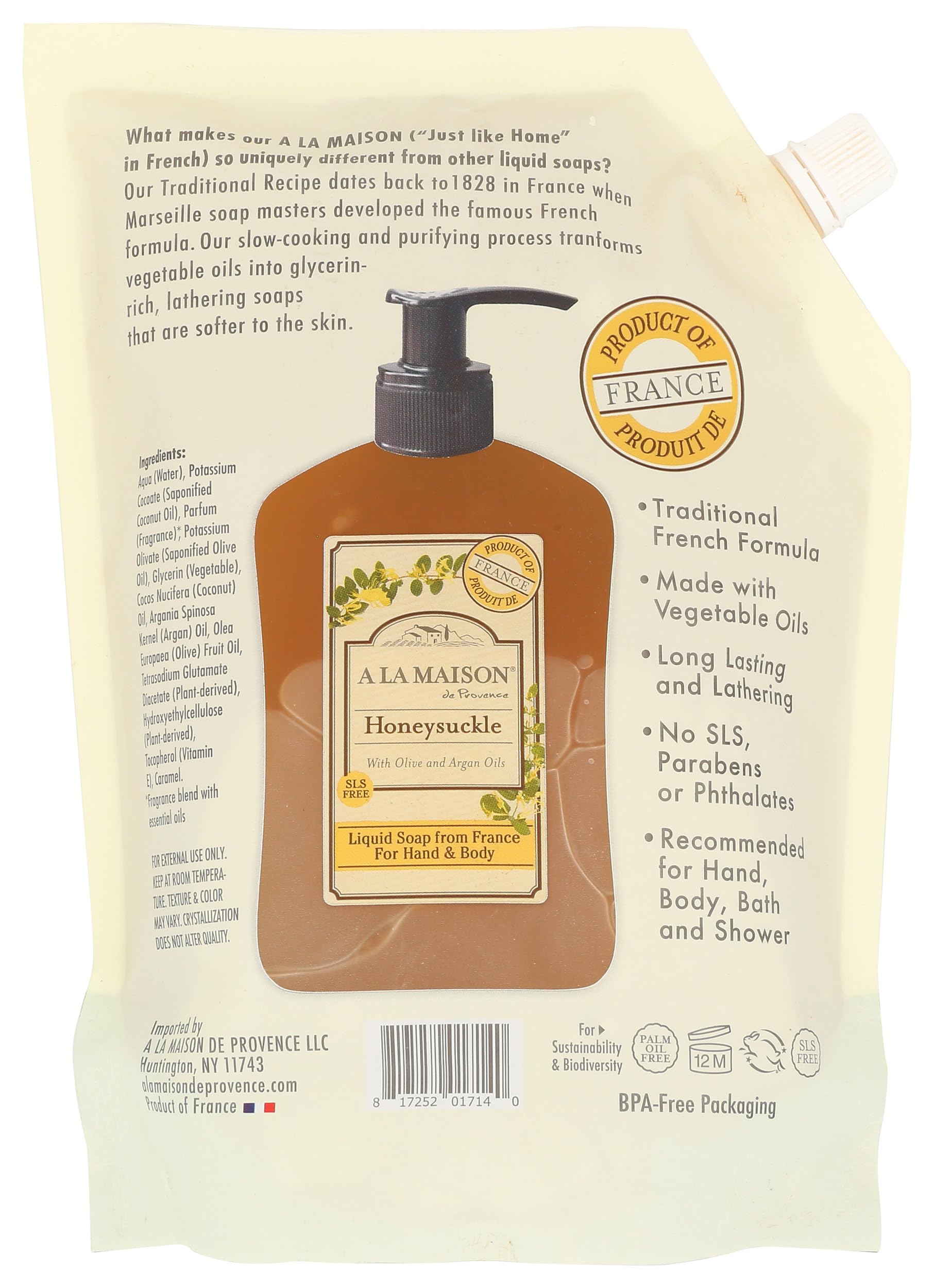 A LA MAISON Honeysuckle packaging on sink showcases convenient hand care.