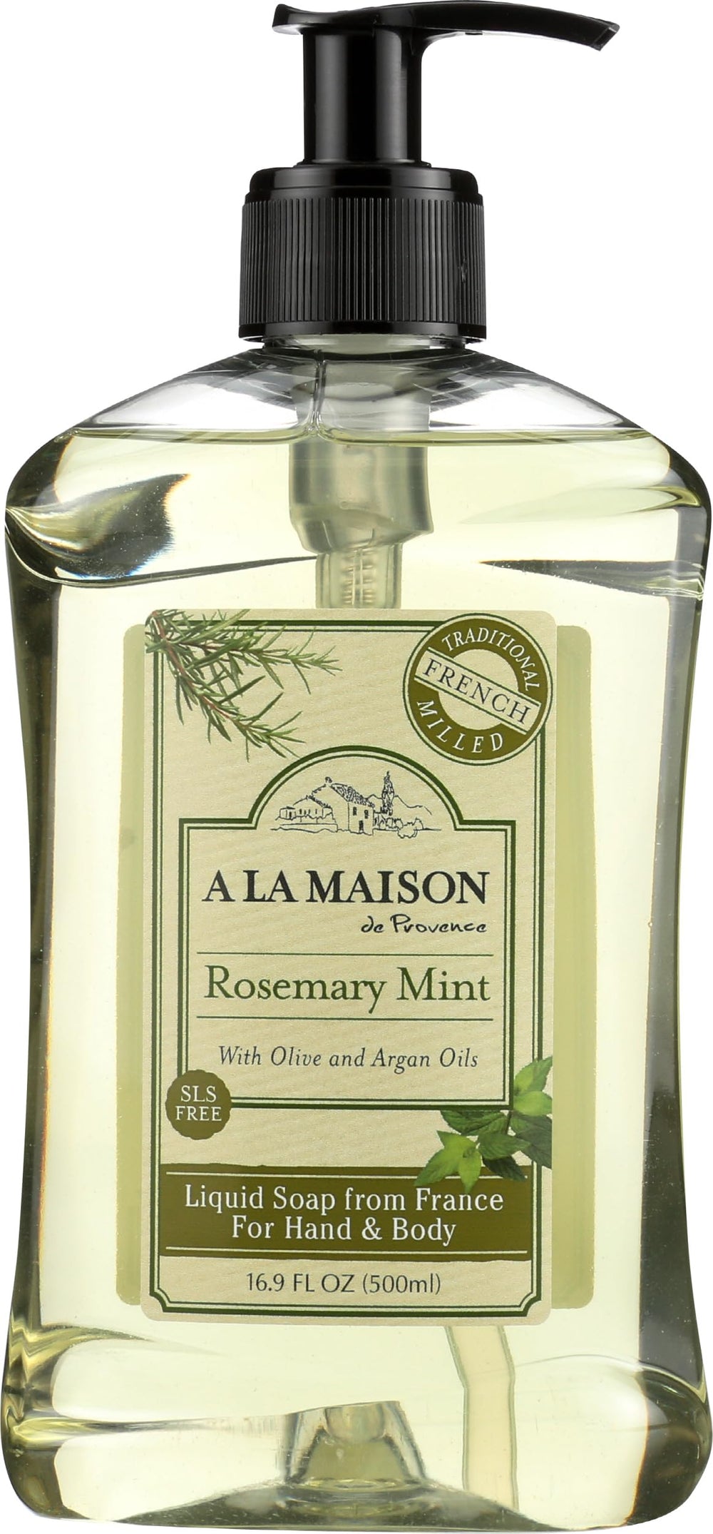 Jabón líquido de manos A LA MAISON con romero y menta, botella clara y atractiva.