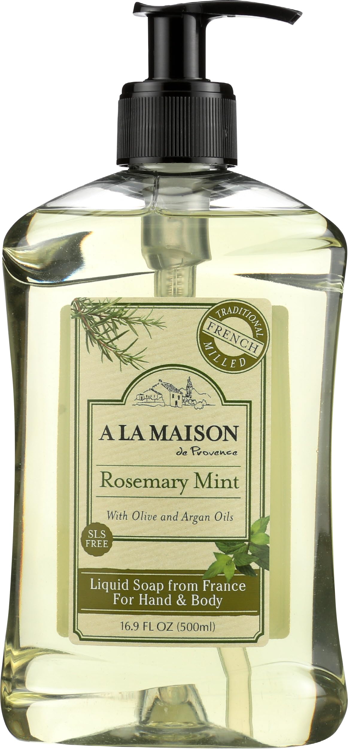 Jabón líquido de manos A LA MAISON con romero y menta, botella clara y atractiva.