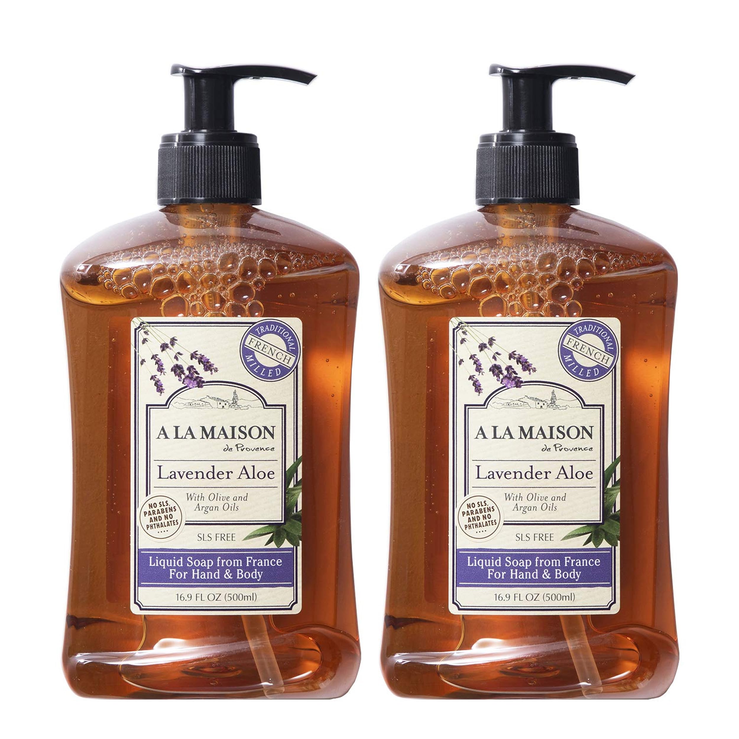 A La Maison Lavanda Aloe, jabón para manos en botellas dobles con aroma suave.