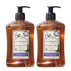 A La Maison Lavanda Aloe, jabón para manos en botellas dobles con aroma suave.