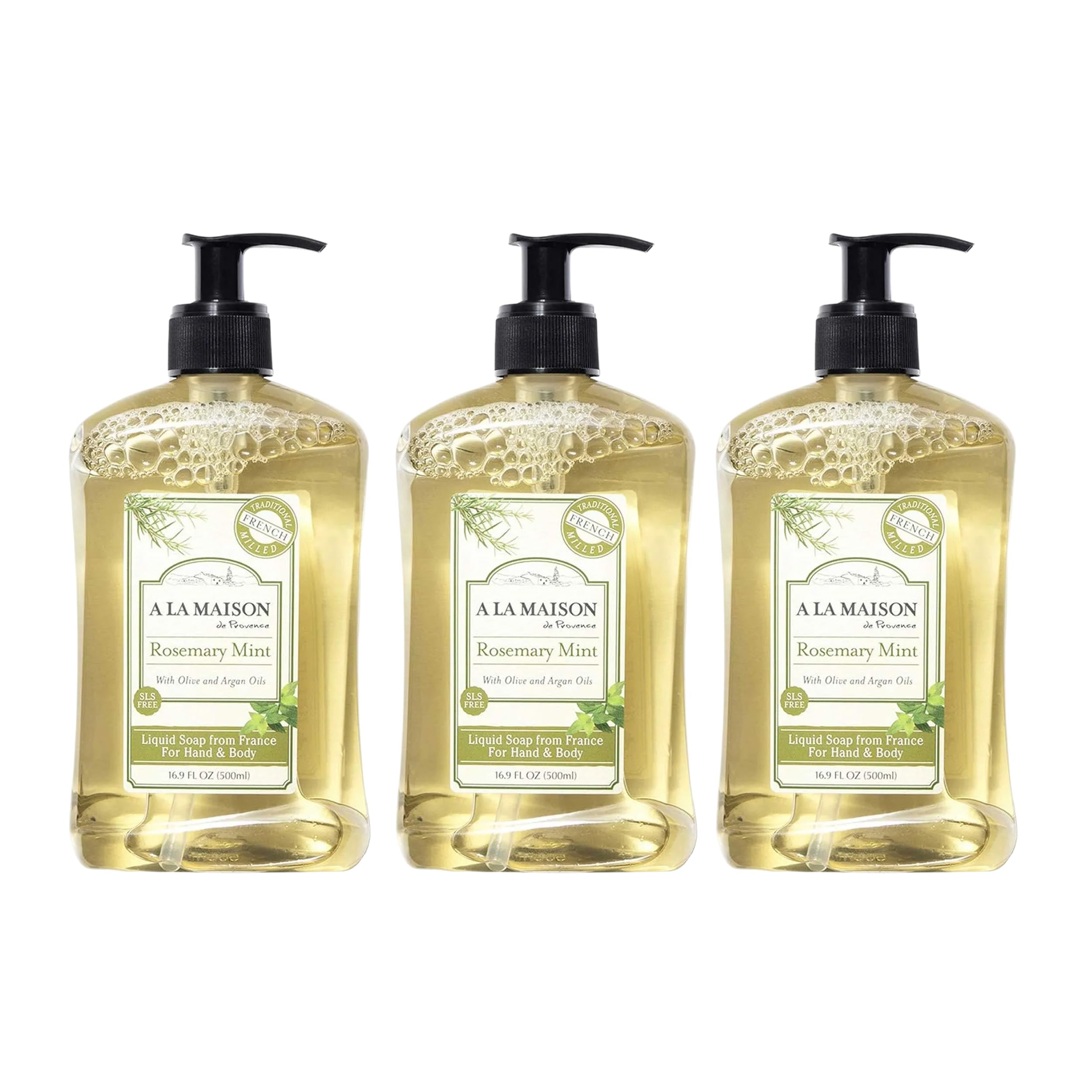 A La Maison Rosemary Mint hand soap bottle for daily cleansing with a refreshing scent.