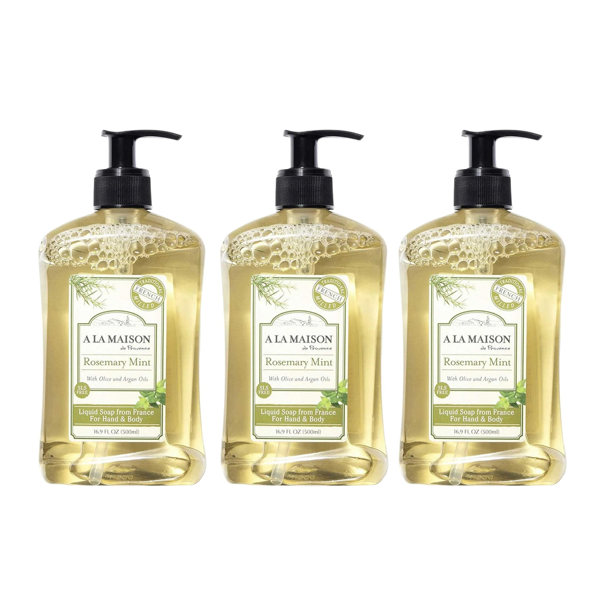 A La Maison Rosemary Mint hand soap bottle for daily cleansing with a refreshing scent.