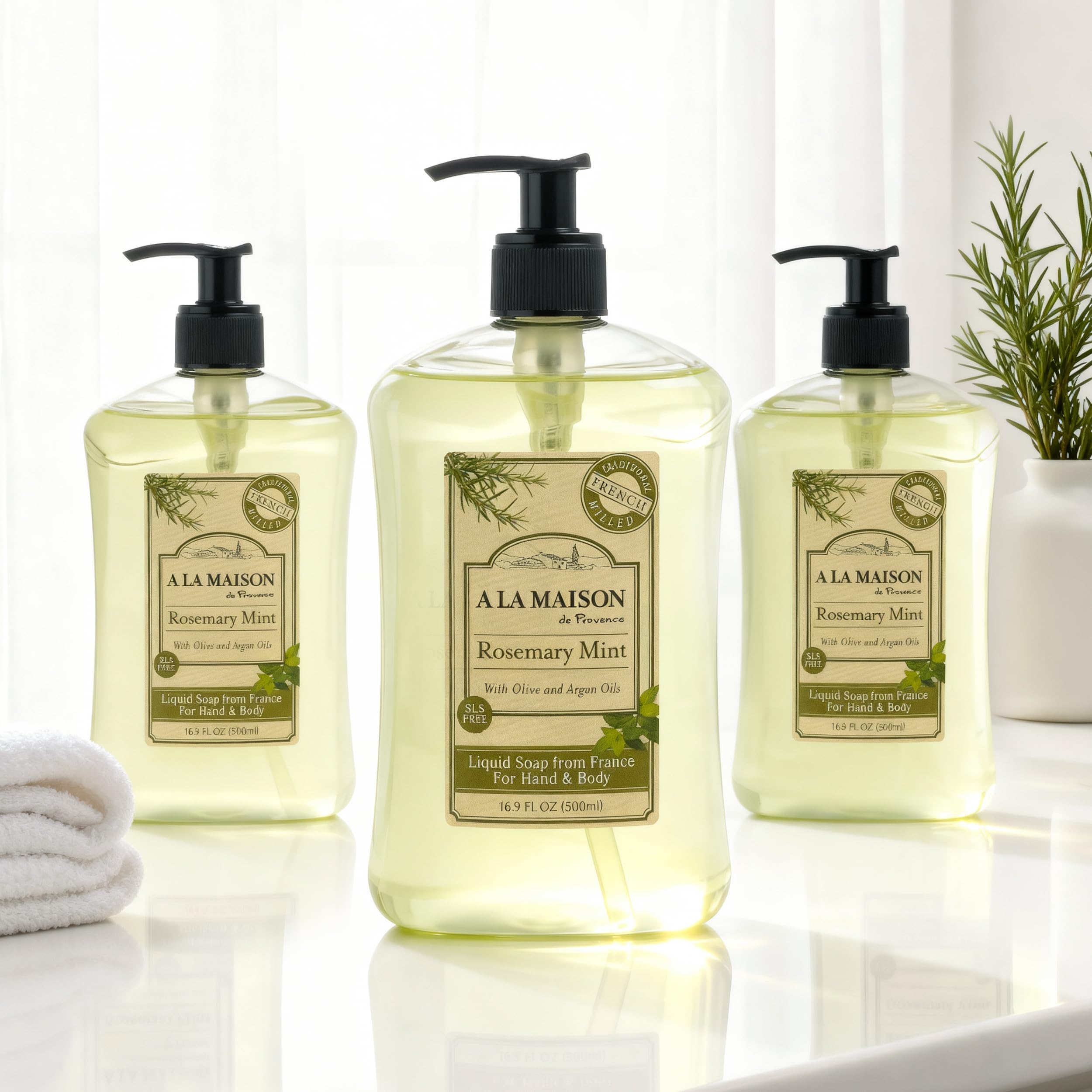 A La Maison Rosemary Mint hand soap lather demonstrating plant-based formula and skin softness.