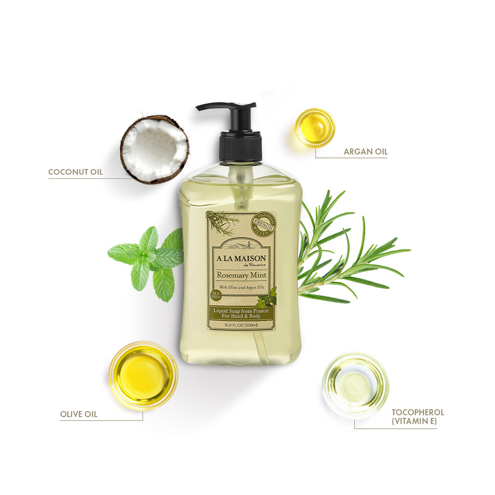 A La Maison Rosemary Mint hand soap pour showing gentle, refreshing cleansing.