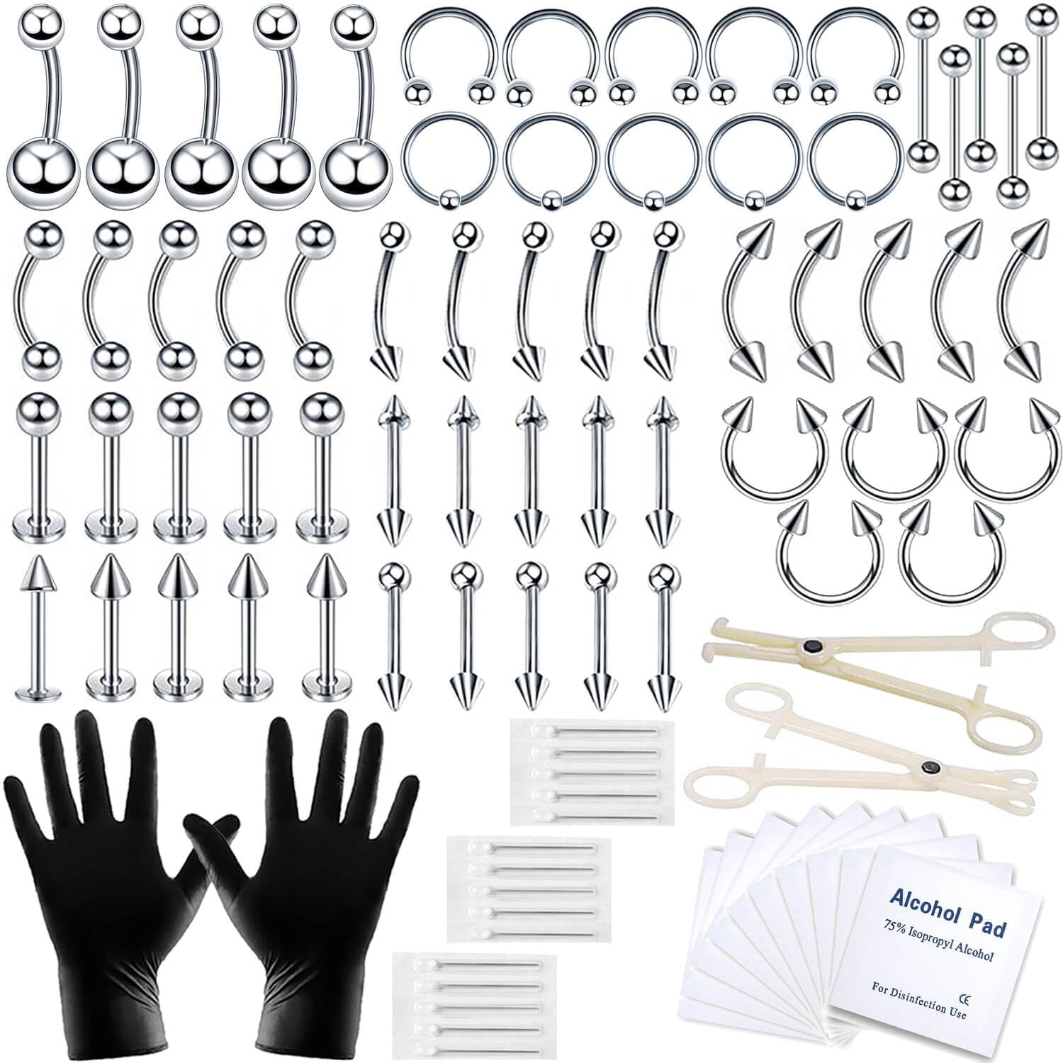 a-minusone 84-piece piercing kit contents for versatile home body piercings.