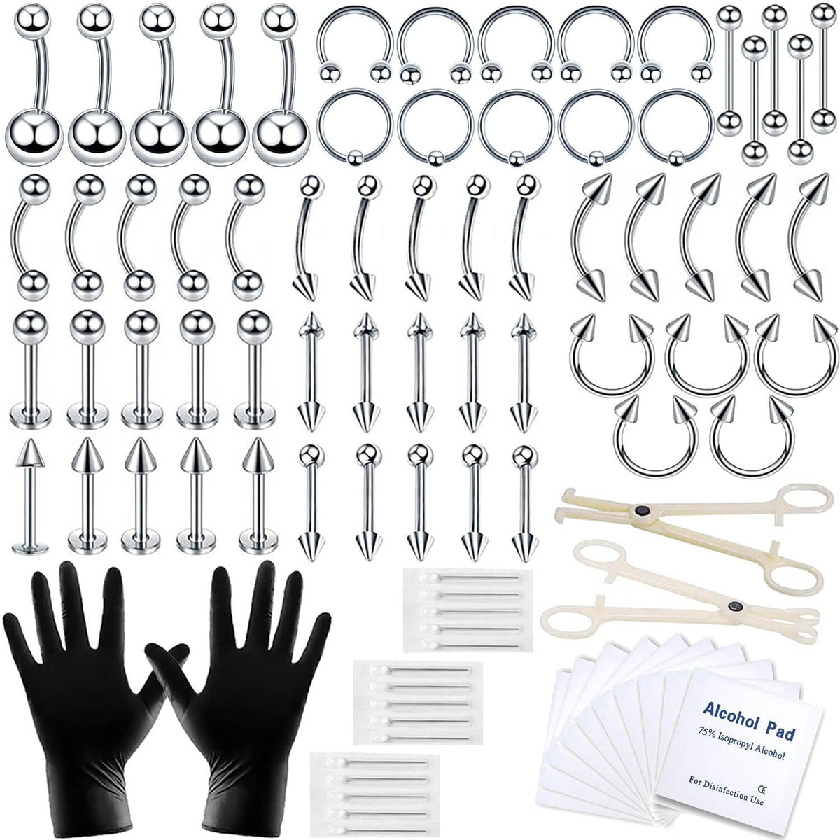 a-minusone 84-piece piercing kit contents for versatile home body piercings.