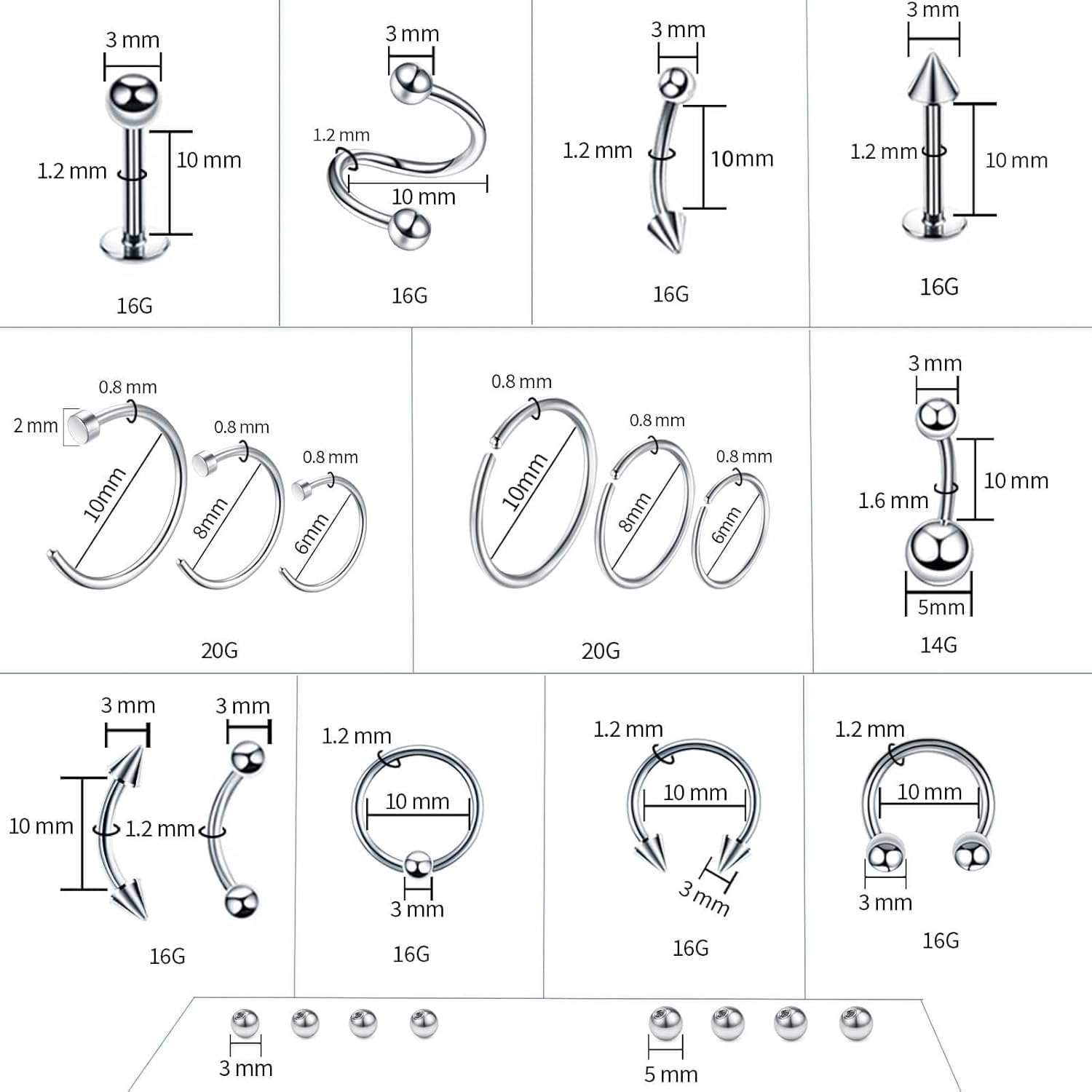 A-minusone agujas piercing 12G-20G para diferentes joyas.