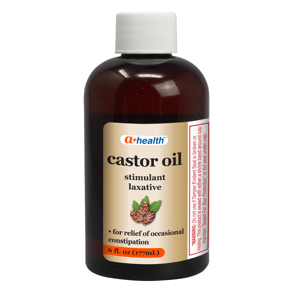 A+Health Aceite de Ricino en botella, vertido, uso cosmético versátil.