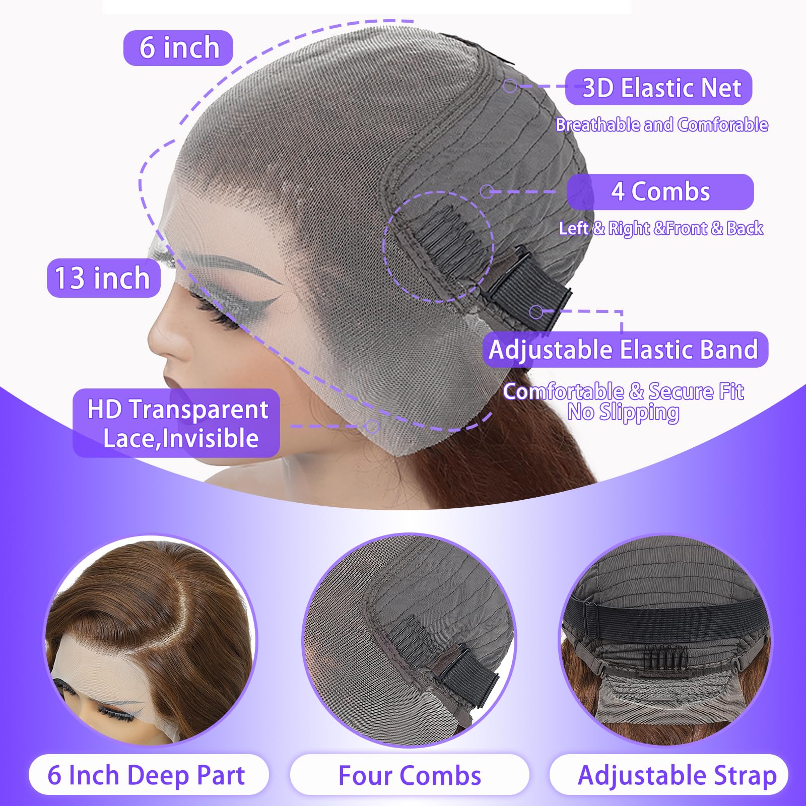 A8 3D dome glueless cap offers comfortable, secure wear.