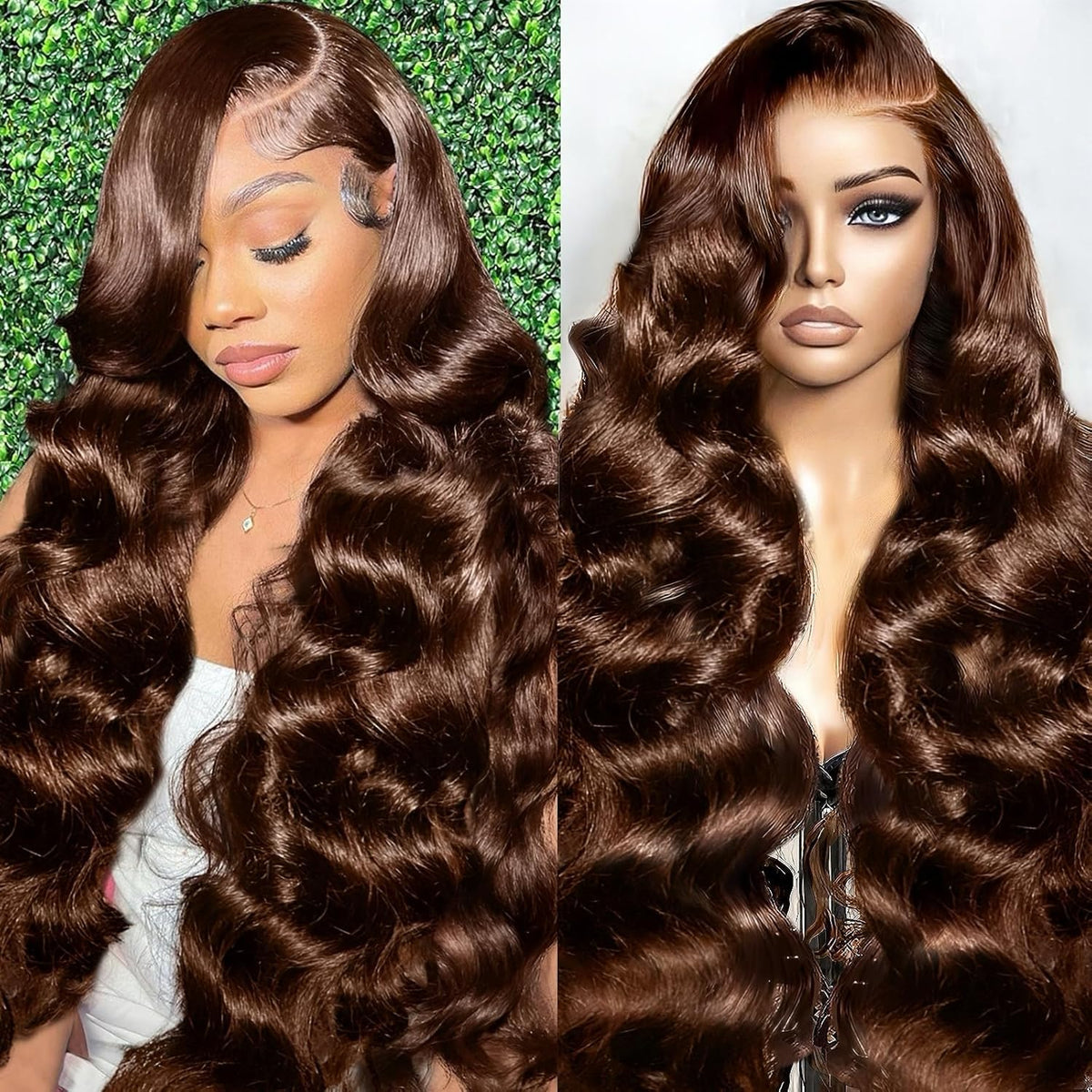 A8 chocolate brown wig front view with natural lace front for seamless parting.