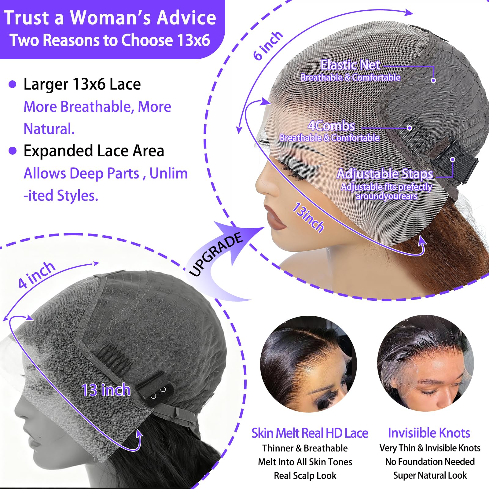 A8 ultra invisible Swiss lace base blends with skin for undetectable wear.