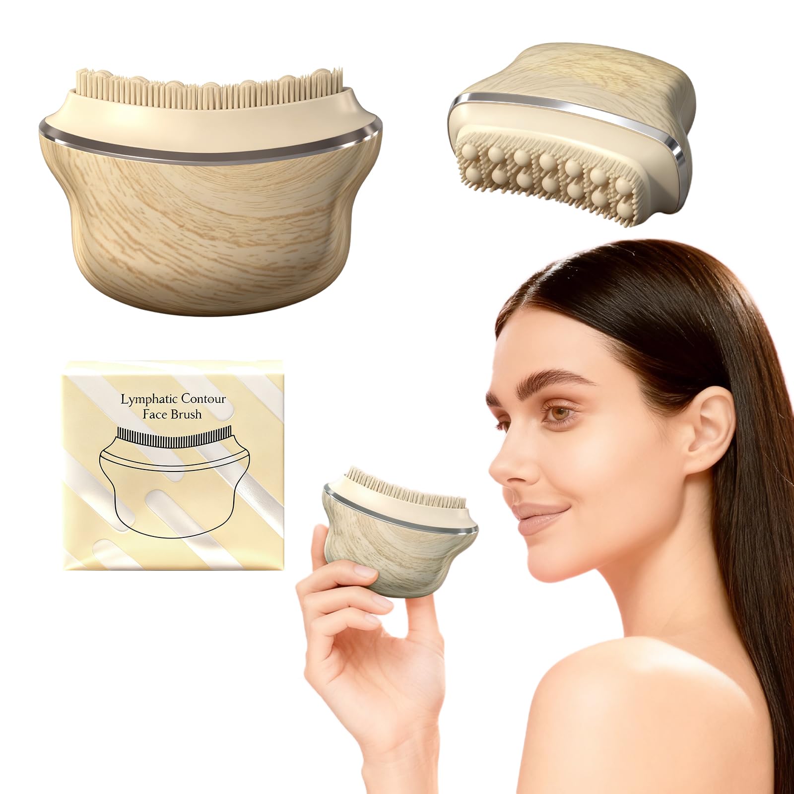 AAJP lymphatic contour brush with wood-grain handle demonstrates precise facial drainage for sculpted contours.