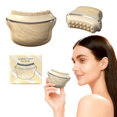 AAJP lymphatic contour brush with wood-grain handle demonstrates precise facial drainage for sculpted contours.