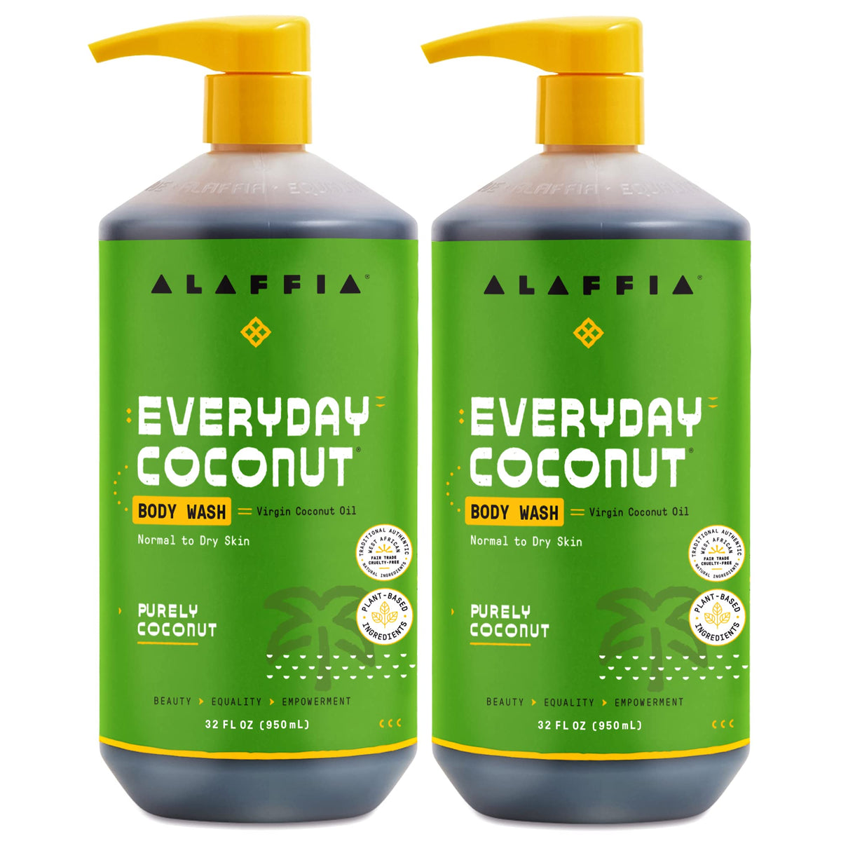 Alaffia Everyday Coconut body wash bottle front shows 2-pack.