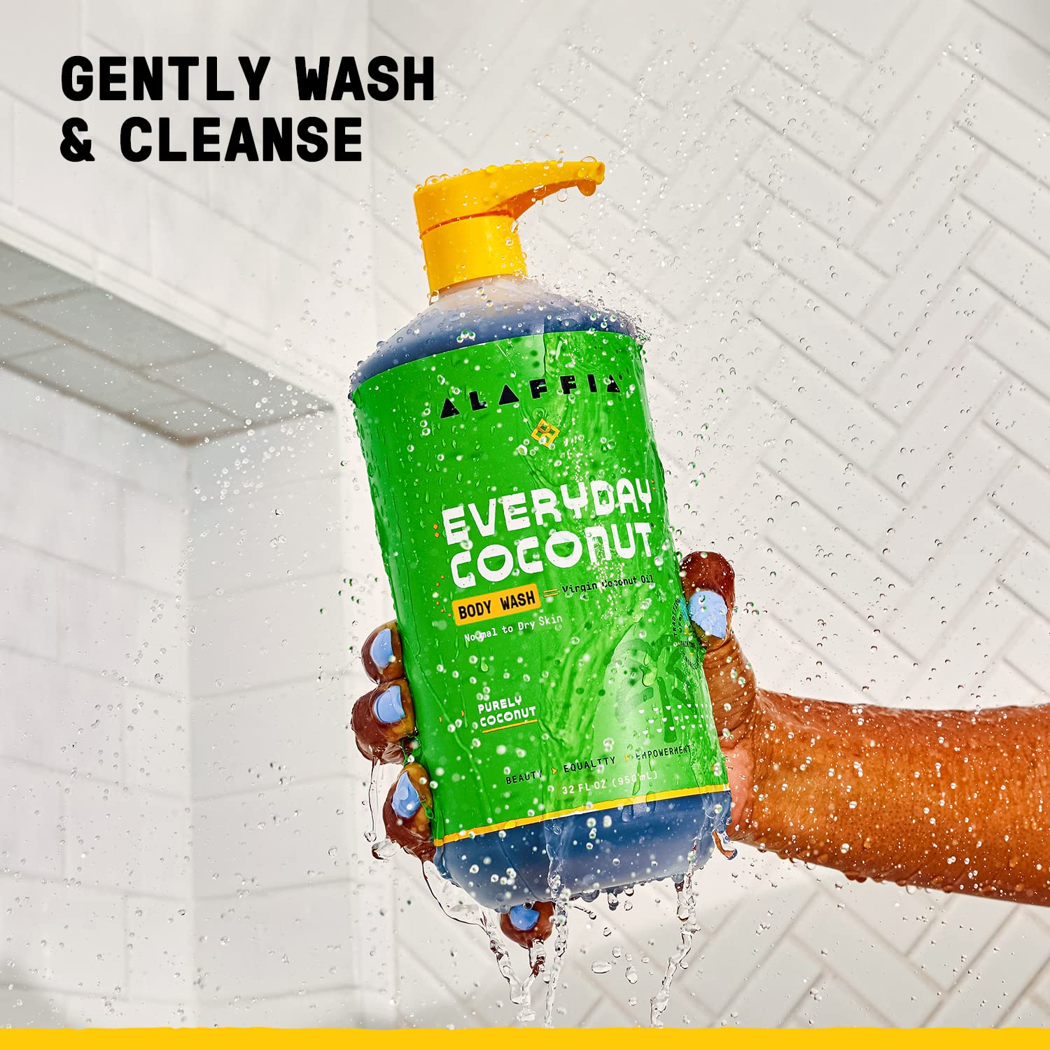 Alaffia Everyday Coconut body wash foam emphasizes creamy lather for cleansing.