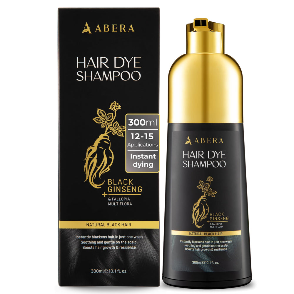 ABERA Hair Dye Shampoo bottle shows quick black color for gray coverage.