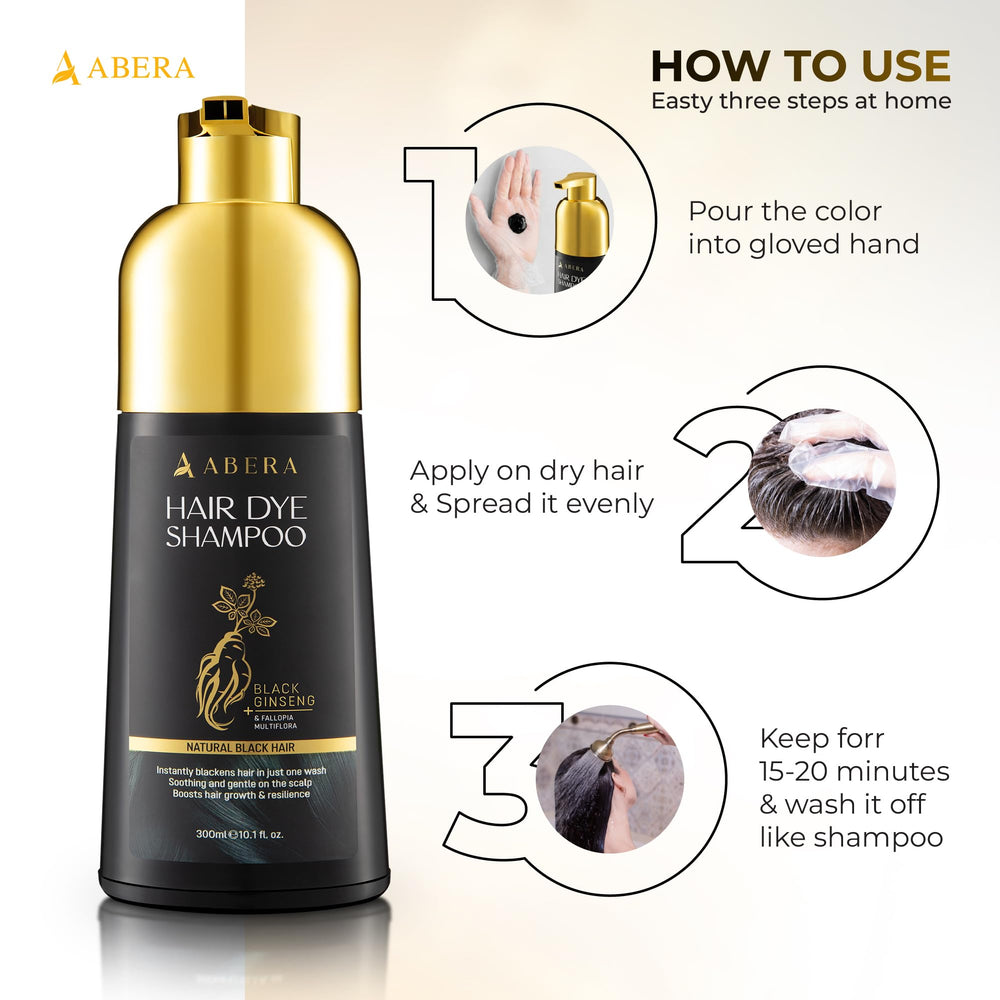ABERA Hair Dye Shampoo after-use look: deep black shine.
