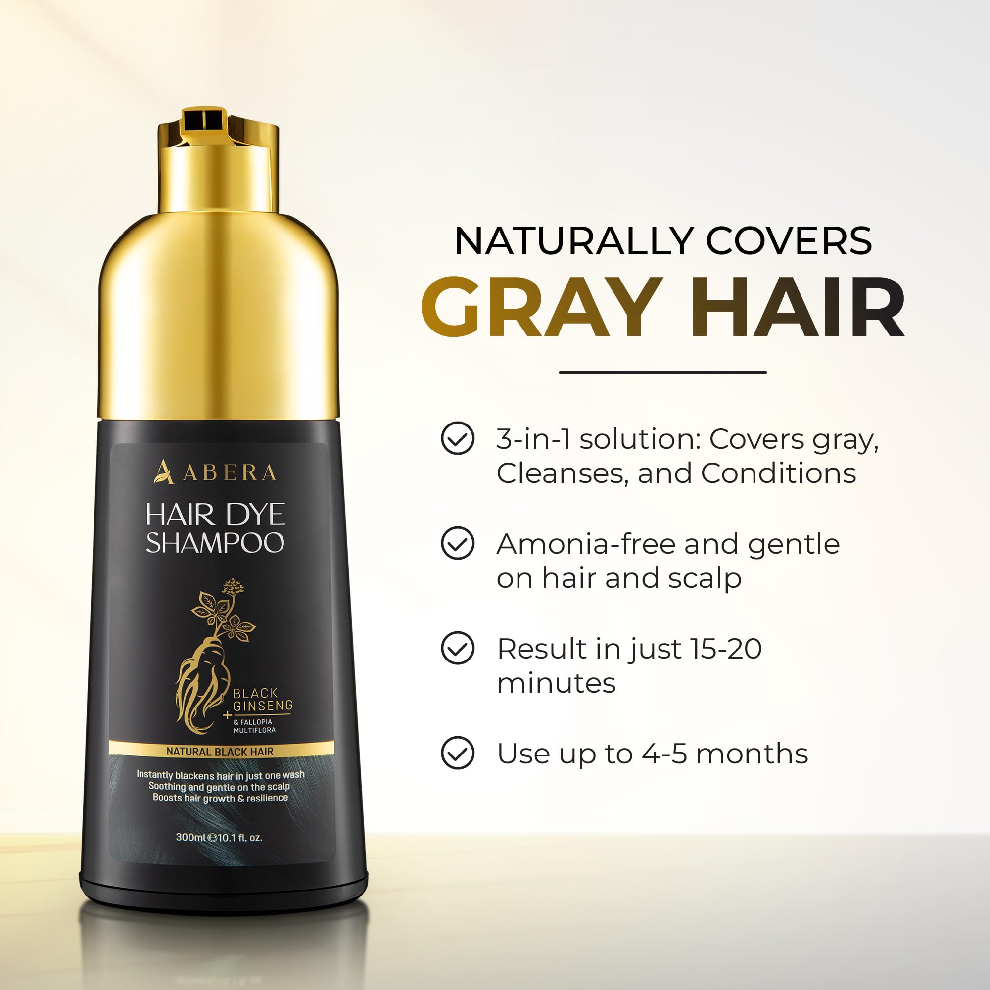 ABERA Hair Dye Shampoo timer highlights 15–20 minute processing for fast results.
