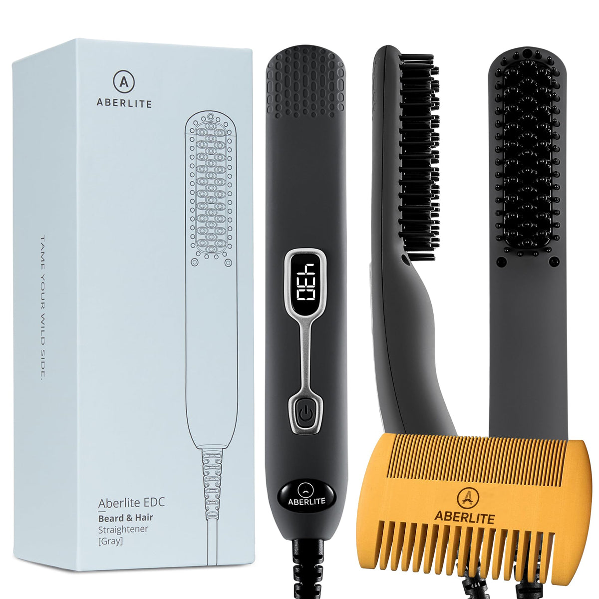 Aberlite EDC beard straightener brush front view for quick grooming