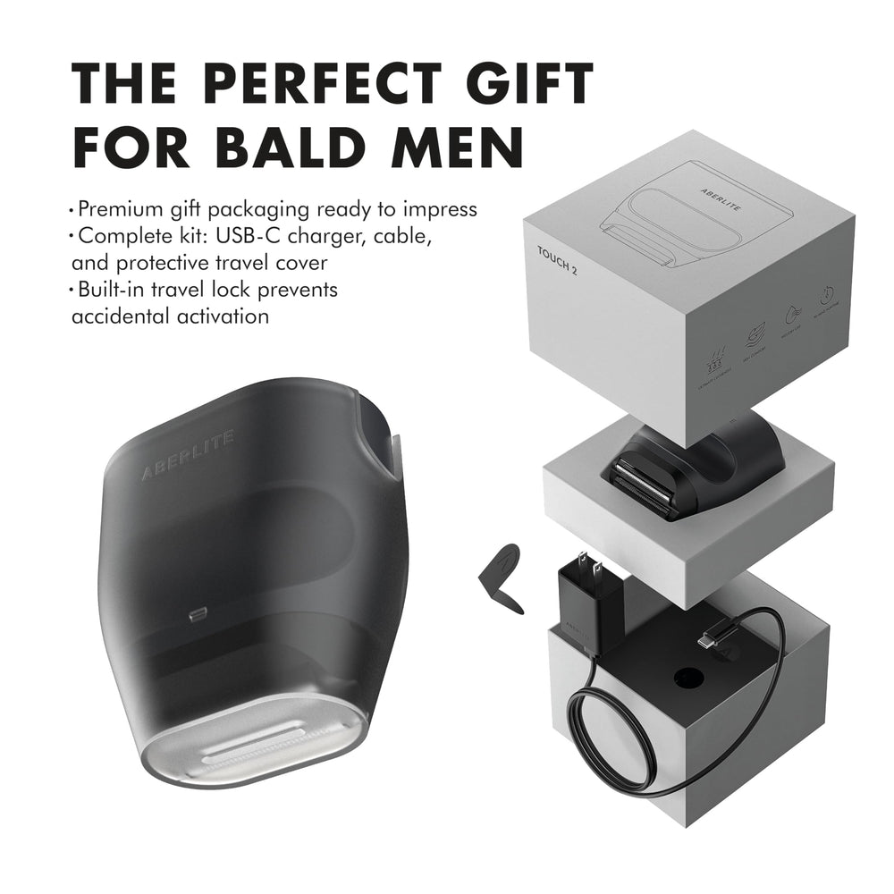 Aberlite Touch 2 bald head grooming shot emphasizes precise, skin-friendly performance.