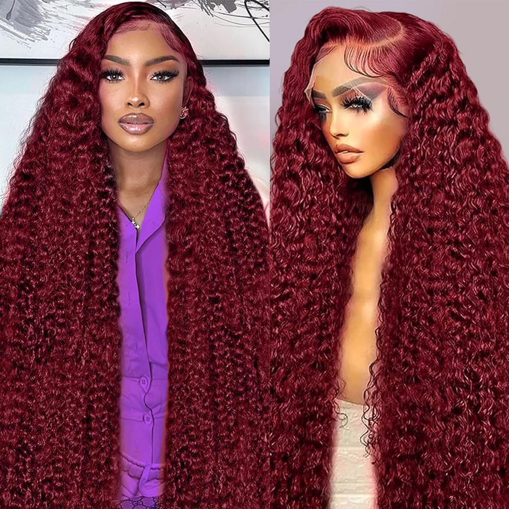 Abhayy 99j burgundy deep wave wig front view for natural part and volume